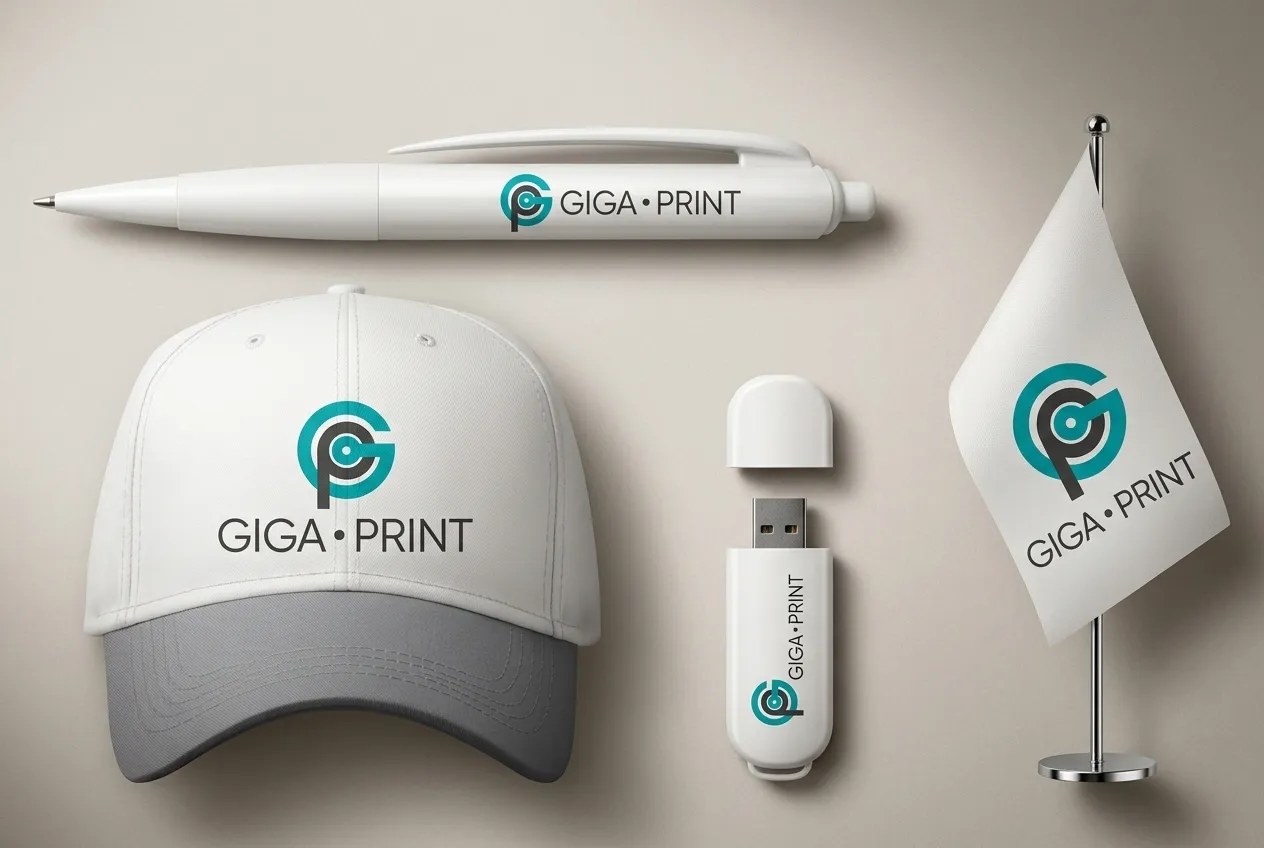 Gadget personalizzati Giga Print: penna, cappellino, chiavetta USB e bandierina con logo